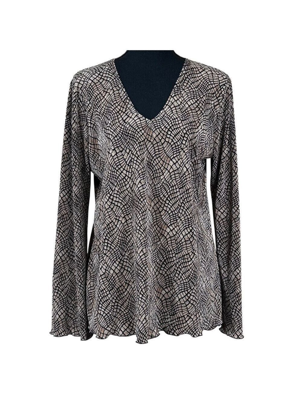Plisse Brown Black White Puckered Crinkle Blouse Top Size L